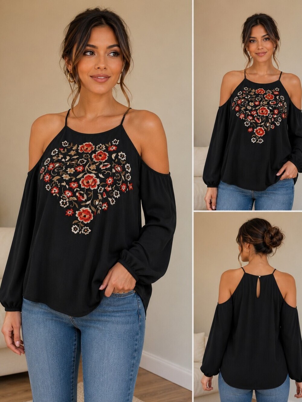 Abercrombie & Fitch Black Embroidered Cold Shoulder Top Women's Size S NWT